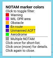 Lilla markører indikerer at NOTAM gjelder for droner.