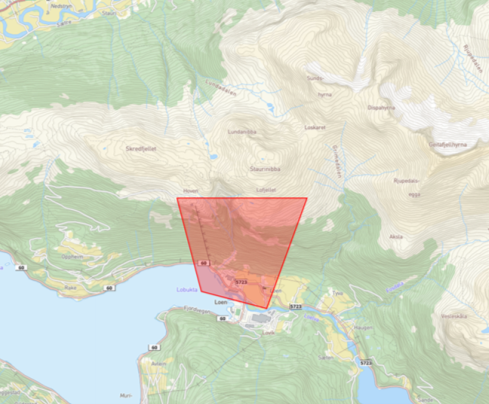 Kartutsnitt av droneforbudsområdet over Loen skylift