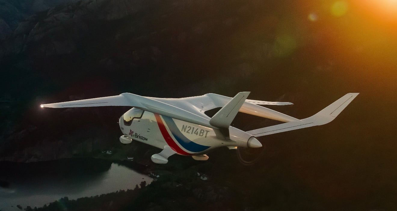 The BETA ALIA electric aircraft operated by Bristow flies over western Norway during the country’s first national electric aviation test project